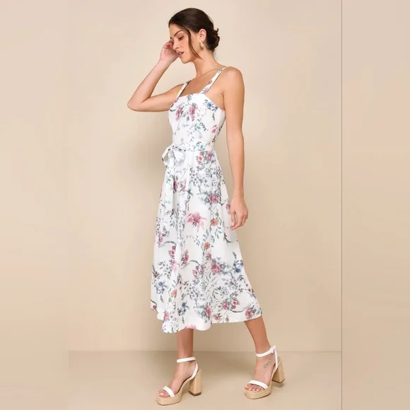 Lulus Sunny Posture Ivory Floral Sleeveless Midi Dress S Wedding Party Vacation - Picture 3 of 10